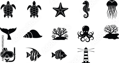 A collection of black and white silhouette icons representing various marine life and ocean objects