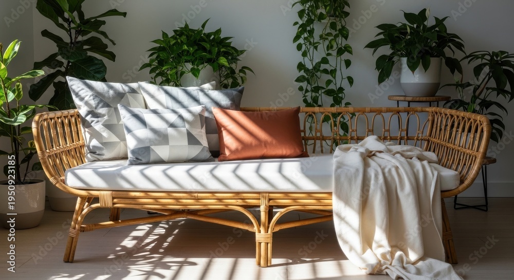 Fototapeta premium Woven Rattan Daybed with Geometric Pillows and Lush Greenery Bathed in Sunlight