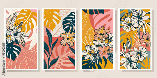 Four botanical wall art panels featuring tropical leaves and flowers