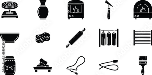 A collection of black and white silhouette icons representing various pottery and ceramic tools