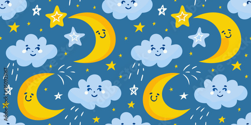Cute cartoon clouds moons and stars create a whimsical pattern
