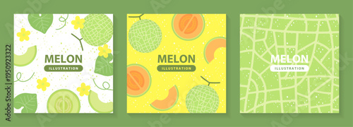 メロンと花と葉のナチュラルフレーム背景イラスト｜夏のフルーツベクター素材