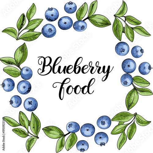 Watercolor blueberries and green leaves form a decorative frame design