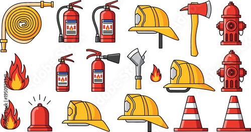 Fire Safety Equipment Icon Set with Fire Extinguisher, Hose Reel, Firefighter Helmet, Axe, Hydrant, Alarm Siren and Traffic Cone Emergency Vector Illustration