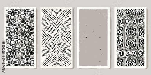 Four abstract patterned panels arranged vertically resembling artwork