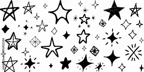 Collection of hand drawn black stars and sparkling shapes on a white background
