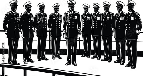 Black and white of ten naval officers standing at attention in uniform with medals on a deck