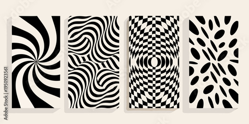 Four optical illusion panels with swirling and geometric black and white patterns
