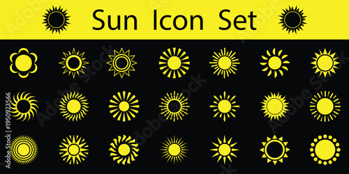 Set of 21 unique sun icons with various styles and ray patterns. sunset collection, summer, sunlight stock vector. eps 10
