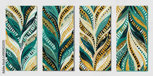 Abstract artwork featuring four vertically oriented panels with feather like designs