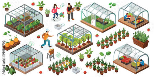 Isometric illustration of people gardening in various greenhouses and outdoor plots