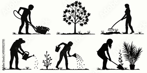 Silhouettes of people gardening and tending to plants in a landscape