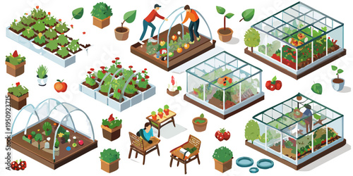 Isometric illustration depicting various gardening setups and greenhouse structures