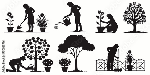 Black silhouette illustration depicting people gardening and various plants