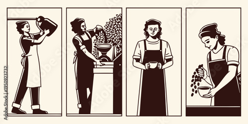 Vintage style illustrations depict women involved in the coffee making process