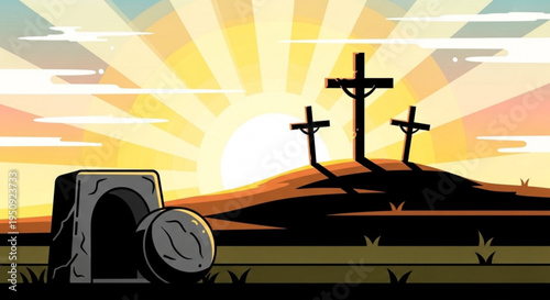 Silhouette of three crosses on hill at sunset with tombstone and clock symbolizing mortality and reflection