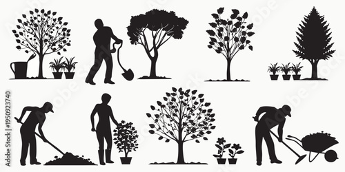 Black silhouettes of gardeners and various trees in a landscape