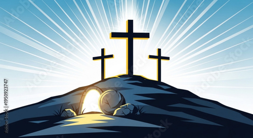 Easter morning scene with three crosses on hill and empty tomb sunrise symbolizing resurrection and hope