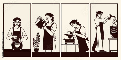 A series of panels depicting a woman s process of making coffee