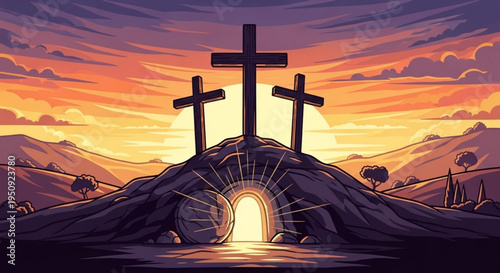 Three crosses on a hill at sunset with a glowing tomb entrance symbolizing hope and resurrection in a serene landscape