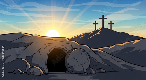 Easter sunrise with empty tomb and three crosses on hill symbolizing resurrection and hope