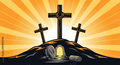 Easter resurrection scene with three crosses on hill at sunrise