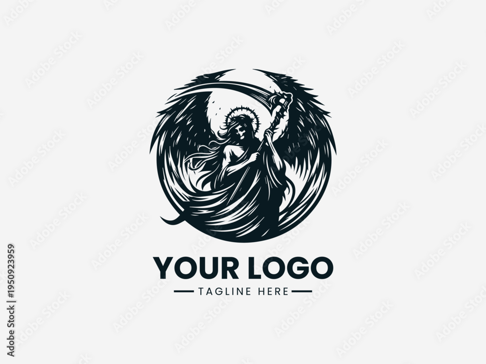 Fototapeta premium Monochrome logo design featuring a winged angel within a circular frame on a white background with a placeholder text for a company name and tagline.