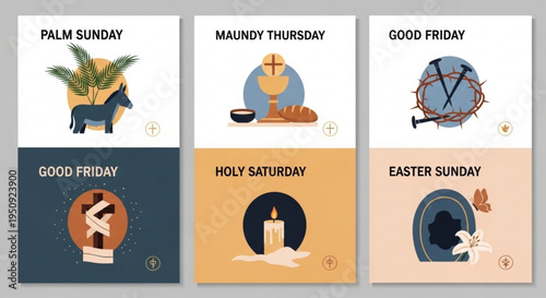 Easter icons set with holy week symbols and days colorful illustrations for palm sunday maundy thursday good friday holy saturday easter sunday