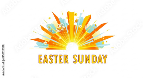 Easter sunday celebration with colorful sunrise and text on white background for holiday greeting cards and festive designs
