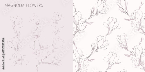 Delicate magnolia flower sketches create a repeating floral pattern