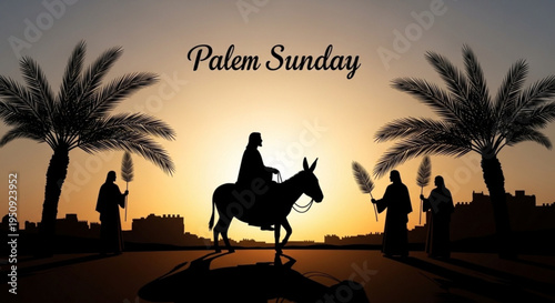 Silhouette of a person riding a donkey amidst palm trees at sunset with onlookers palm sunday