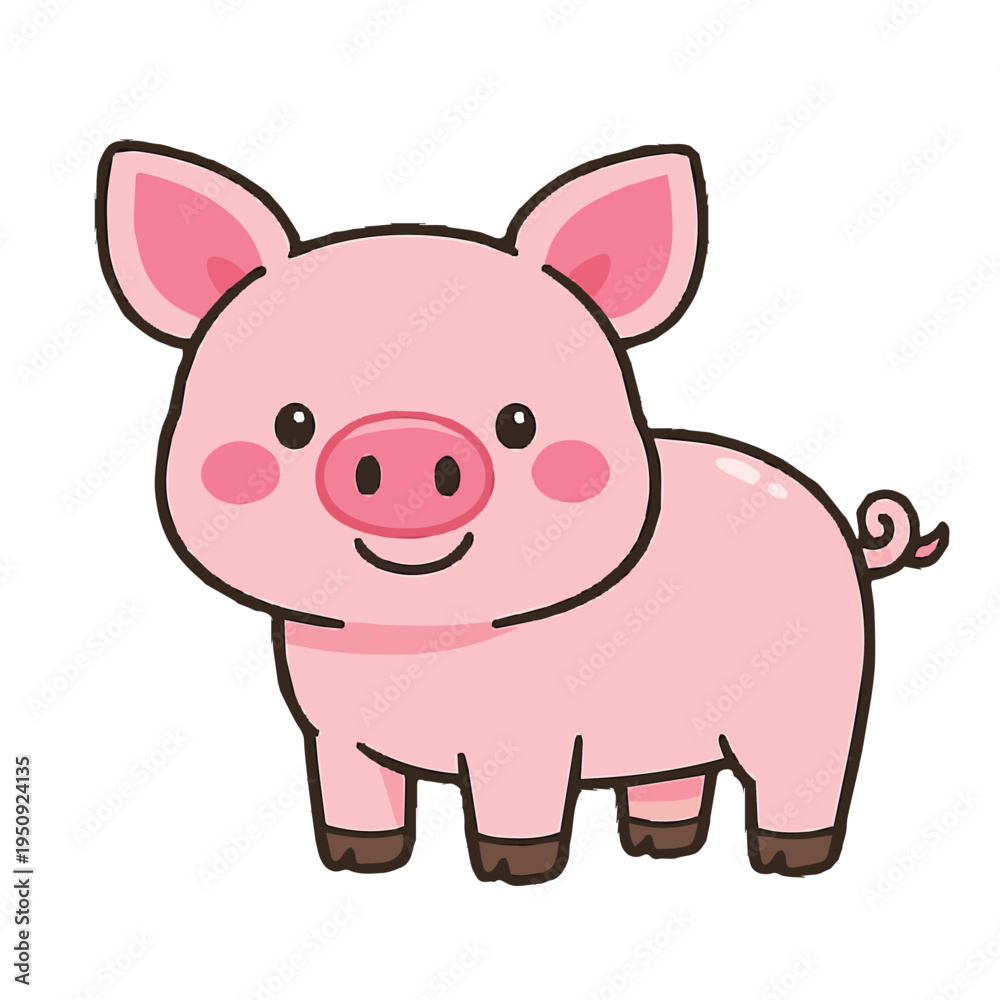 Fototapeta premium Simple cute vector of a little pig with soft shapes and minimal details, creating an adorable and playful look perfect for kids themes, stickers, and fun creative designs.