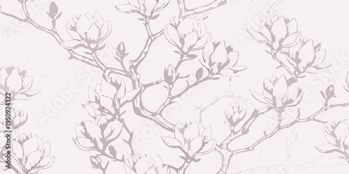 Delicate magnolia branches and blossoms in a repeating pattern