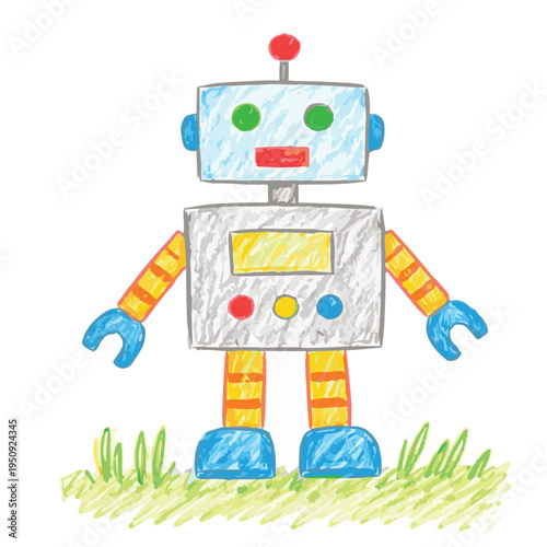 Playful hand drawn vector of a retro robot in vibrant colors, created for kids, with cute details and a charming vintage style that brings fun and imagination to life.