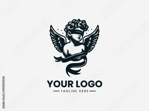 Blindfolded cherub angel with wings in clean modern romantic symbolic vector illustration style