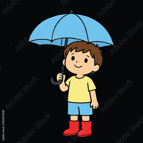 Cute cartoon vector of a little boy holding an open umbrella, wearing rain boots, standing happily in a playful pose, capturing a cheerful rainy day moment.