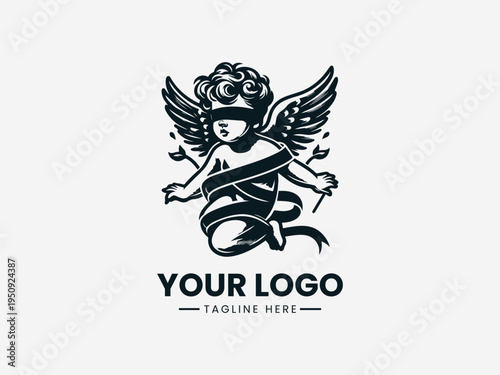Blindfolded cherub angel with wings in clean modern romantic symbolic vector illustration style