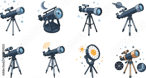 Astronomy Telescope Icon Set with Observatory Telescopes, Tripod Mounted Scopes, Space Observation Instruments, Stargazing Equipment and Astronomy Research Vector Illustration