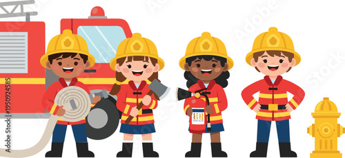Cartoon Firefighter Characters with Fire Truck, Hose, Extinguisher and Hydrant in Flat Style for Emergency Service, Rescue Team, Safety Education, and Community Hero Vector Illustration
