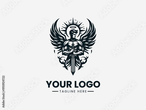 Black graphic illustration of a winged warrior with a skull and sword on a white background for a logo template.
