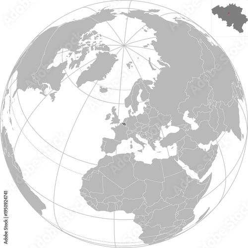 World vector map with country boundaries and graticules (Belgium-centered view, orthographic projection, PPT-compatible & fully editable)