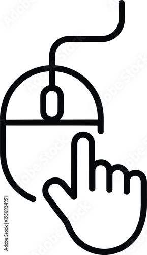 Black and white line of a hand clicking a wired computer mouse line hand finger