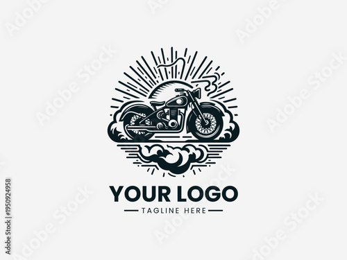 Vintage motorcycle with smoke clouds and sunburst rays in bold black vector logo illustration