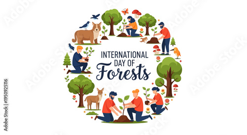 Illustration design for International Day of Forests with people, animals, and trees, promoting forest conservation and environmental protection awareness.