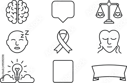 Black and white line symbols of brain speech bubble scales sleep ribbon face lightbulb square medal