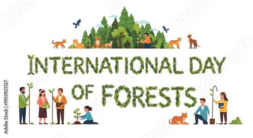 Illustration of people and animals celebrating International Day of Forests with a forest conservation theme, featuring a colorful design with trees and wildlife, promoting environmental