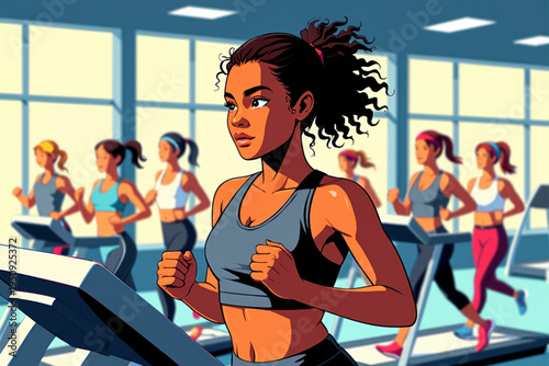 A woman runs on an orange treadmill in a gym