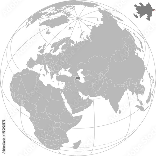 World vector map with country boundaries and graticules (Azerbaijan-centered view, orthographic projection, PPT-compatible & fully editable)