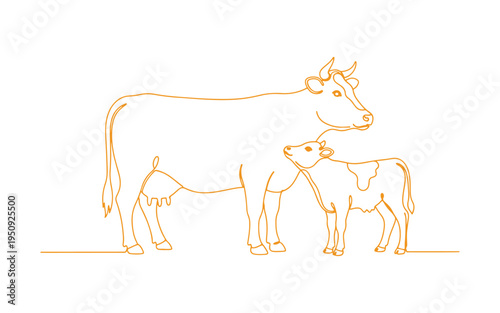 Dairy cow and calf, together. Adorable farm animals, domestic livestock.
