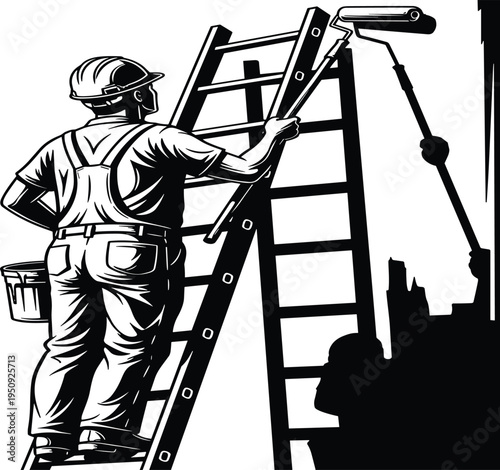 Black and white of a construction worker on a ladder with a paint roller hard hat overalls